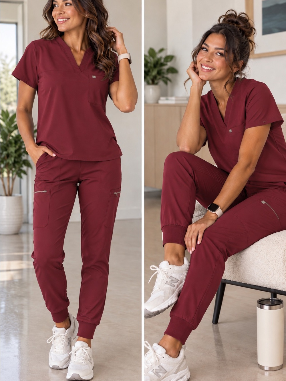 Fabletics Scrub Set XS / XS Tall High Waisted Joggers Dolman Top Burgundy.